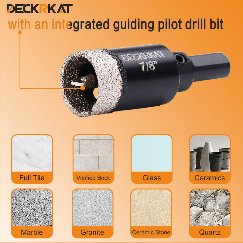 DECKRKAT 7/8 Inch Diamond Hole-Saw Bits with Pilot Drill Bit - 2pc 7/8"" Diamond Tipped Tile Hole Saws with Guiding Bit Accurate Drilling for Porcelain Tile Ceramic Pottery Granite Stone Glass Bottles 22mm - Image 5